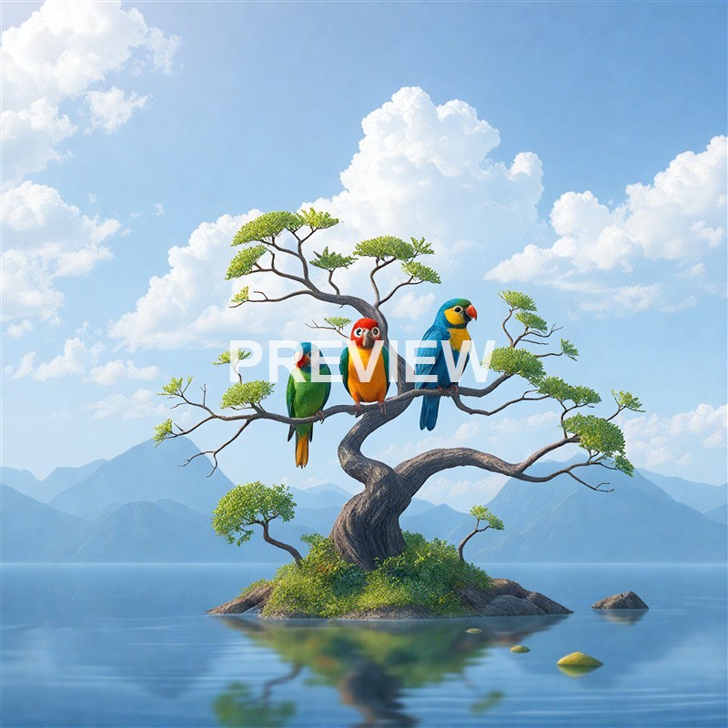 An illustration of a small island with a gnarled tree and three colorful parrots perched on its branches, set against a backdrop of mountains, water, and a partly cloudy sky.